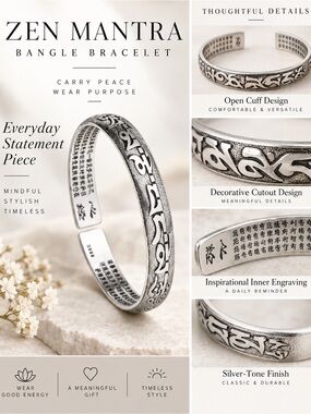 Zen Mantra Bangle Bracelet Silver Tone Engraved Open Cuff Boho